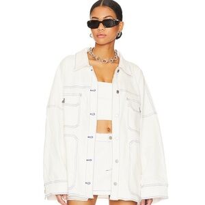 SET - Oversized denim shirt jacket and mini skirt set.